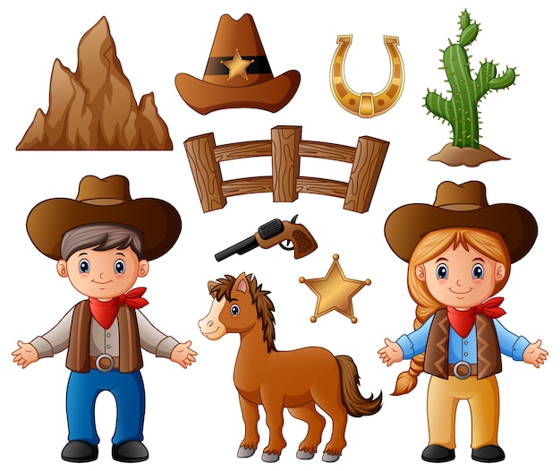 Vektor cartoon cowboy und cowgirl mit wilden westen elemente