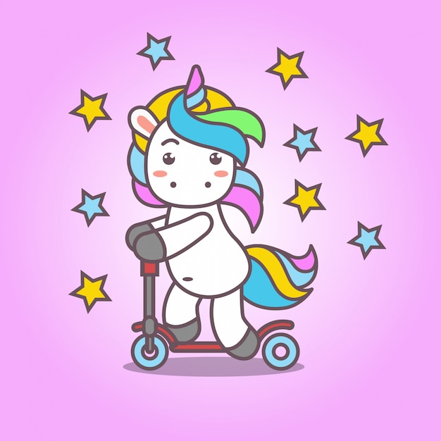 Vektor cartoon_cute kawaii unicorn spielt scooter