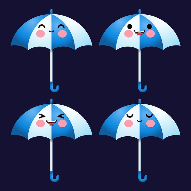 Cartoon cute umbrella emoticon avatar gesicht positive emotionen set stock