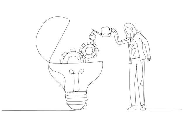 Vektor cartoon der geschäftsfrau lässt ölschmiermittel in die idee einer glühbirnenlampe mit mechanischen zahnrädern fallen single continuous line art style