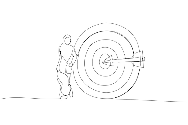 Vektor cartoon der muslimischen geschäftsfrau steht mit pfeiltreffer bullseye auf bogenschießziel metapher für geschäftliche zwecke oder ziele single continuous line art style