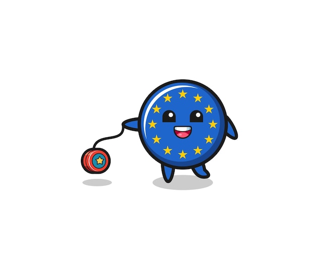 Cartoon der niedlichen euro-flagge, die ein süßes design von yoyo spielt