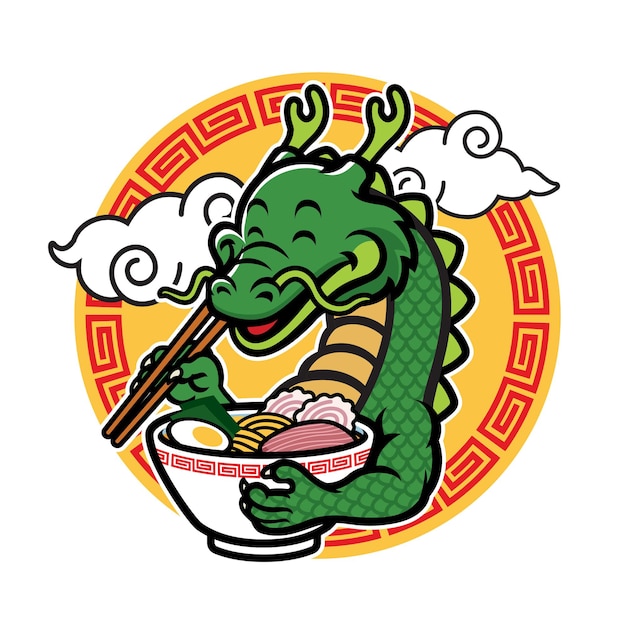 Cartoon-drachen-maskottchen isst ramen