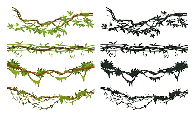 Cartoon-dschungel-liana-teiler, die creeper-zweige hängen, tropische lianen, flacher vektor-illustrationssatz