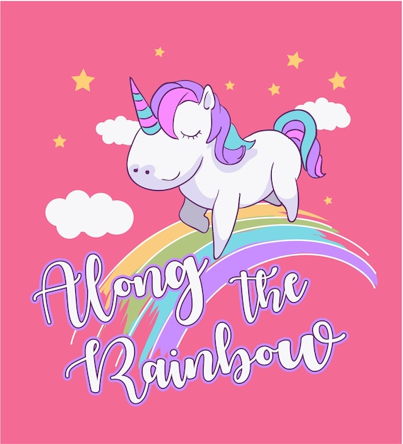 Cartoon-einhorn-illustration auf regenbogen