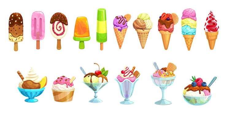 Vektor cartoon-eiscreme-desserts, isolierter vektor, gefrorenes, cremiges gelato-eis, waffelkegel, karamell-eskimo-eis am stiel oder schokoladenglasur-eisbecher mit nüssen, schlagsahne, fruchteis, vanille-kugeln in schüsseln