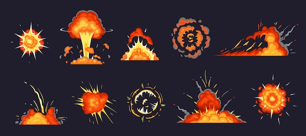 Cartoon-explosion. explodierende bombe, atomarer explosionseffekt und komische explosionen rauchen wolkenillustrationssatz