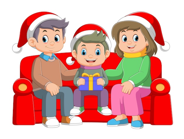 Vektor cartoon-familie feiert weihnachten und sitzt auf dem sofa