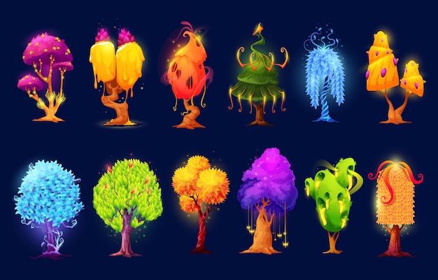 Vektor cartoon fantasy leuchtende außerirdische bäume und pflanzen