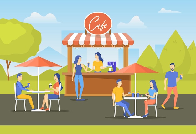 Cartoon Farbfiguren Menschen und Café City Park Konzept Vektor