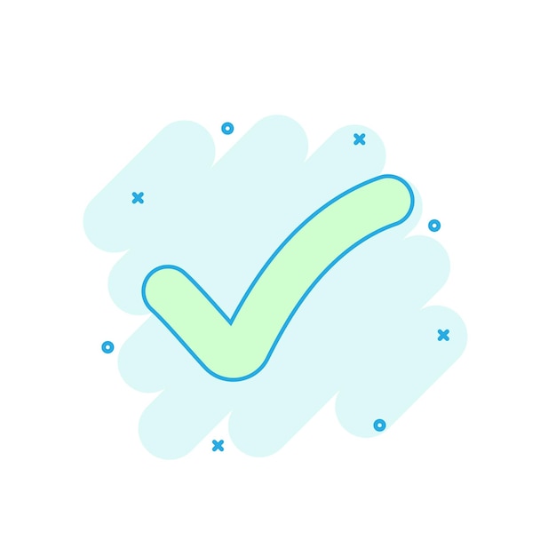 Vektor cartoon-farbiges checkmark-icon im comic-stil ok-zeichen-illustration-piktogramm genehmigtes splash-geschäftskonzept