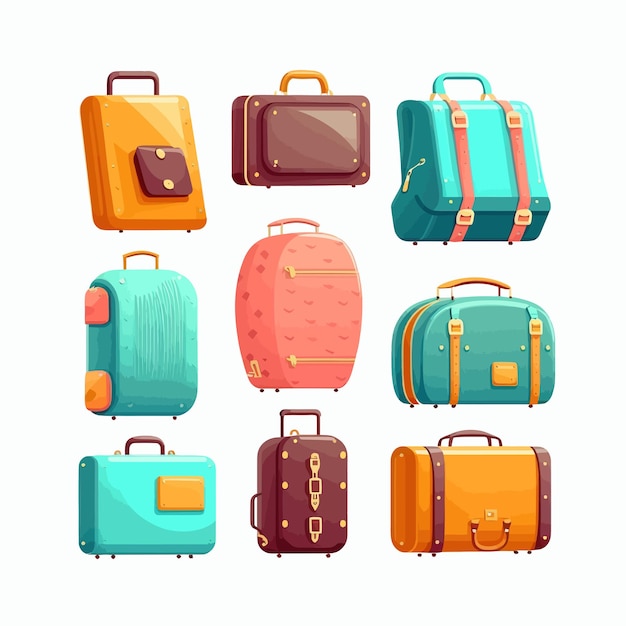 Cartoon farbiges Gepäcktaschenset isoliert auf weißem Hintergrund Auf Hintergrund isoliert Cartoon Flat Vector Illustration
