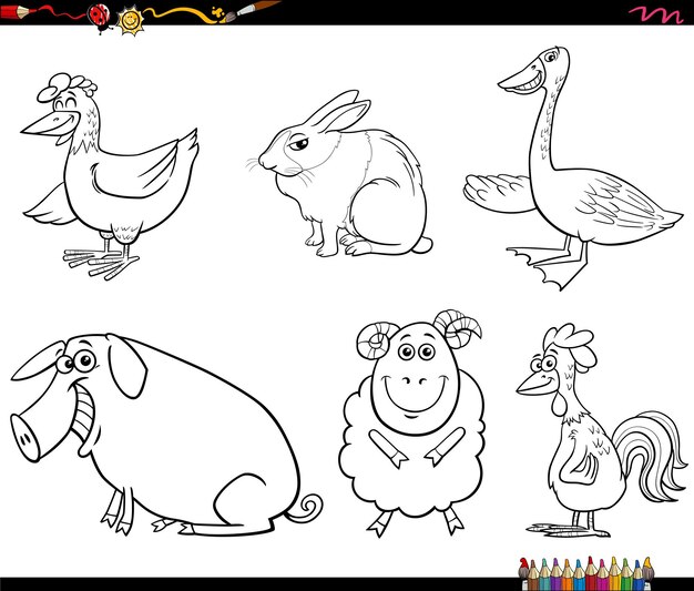 Cartoon-Farmtiere-Charaktere-Set Malseite