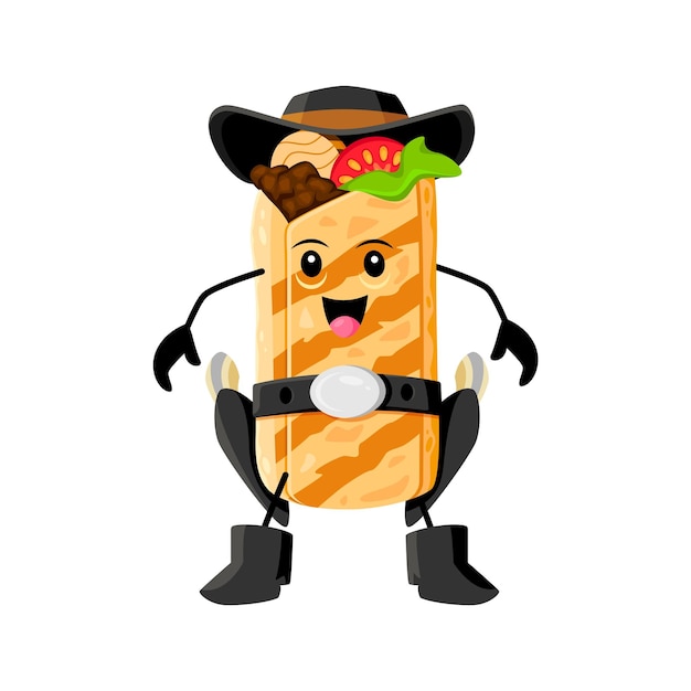 Cartoon-fast-food-burrito-cowboy-bandit-charakter, mexikanisches essen, straßenrestaurant oder café, wild-west-cowboy, lustige persönlichkeit, fröhlicher burrito, texas-sheriff oder ranger, isoliertes vektormaskottchen mit waffen