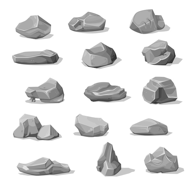 Cartoon-Felsen und Felsbrocken, grauer Schuttkies und Kopfsteinhaufen, Vektor. Graue Felssteine oder Schutt, Kies von Beton- oder Granitblöcken, Cartoon-Graukiesel-Spiel-Asset