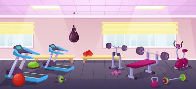 Vektor cartoon-fitnessstudio-interieur mit fitnessgeräten, city-trainingsclub. leerer sportraum mit bankdrücken, laufband, hanteln vektorgrafik. platz für aktive übungen oder workouts