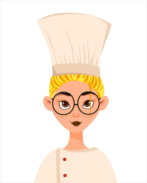 Cartoon flache lustige kleine Chefköchin Mädchenfigur in weißer Uniform und Bäckerhut