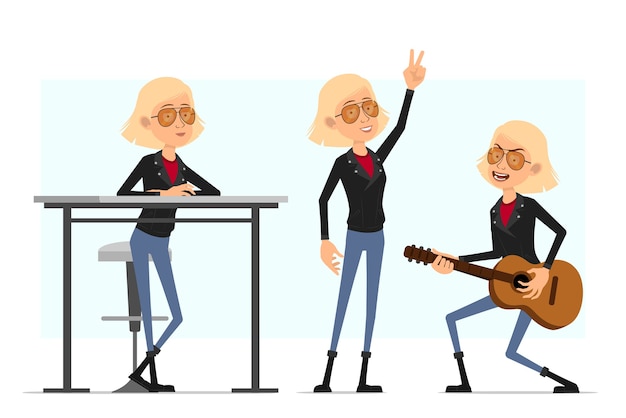 Cartoon flache lustige süße blonde rock'n'roll-mädchen charakter in lederjacke. blondes mädchen, das auf gitarre spielt und friedenszeichen zeigt.