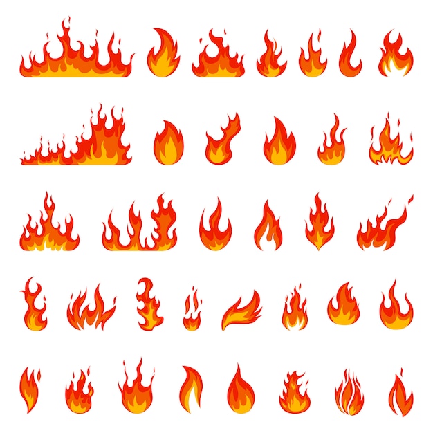 Vektor cartoon flamme. feuer feuerball, glühendes lagerfeuer, gelbe hitze lauffeuer und lagerfeuer, feuerkraft feurige silhouetten illustration set. feuerball power licht, flammenfeuer energie