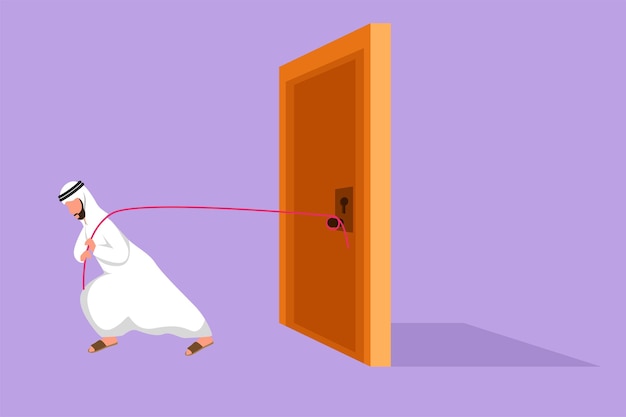 Cartoon flat style drawing arabischer geschäftsmann, der sich bemüht, schwere türrahmen mit einem seil zu ziehen metapher für das problem business kämpft stärke für den erfolg grafikdesign-vektorillustration