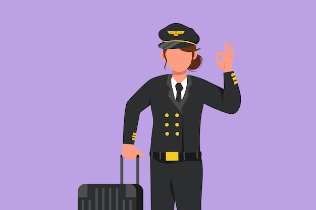Cartoon Flat Style Drawing of Female Pilot mit okay Geste und in Uniform flugbereit mit Kabinenpersonal mit Flugzeugen am Flughafen Flugreisen oder Flugzeugindustrie Grafikdesign-Vektorillustration