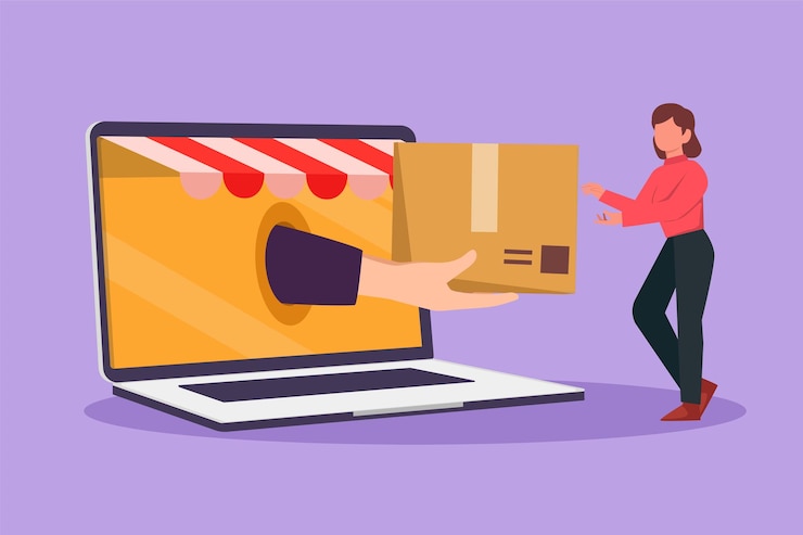 Vektor cartoon flat style zeichnung schöne frau erhält paketbox von großer hand, die aus einem großen baldachin-laptop-bildschirm kam digitale lieferung und online-shop-konzept grafikdesign-vektorillustration