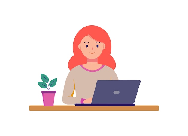 Cartoon-Frau arbeitet an einem Laptop am Schreibtisch mit Pflanzenvektor-Illustration
