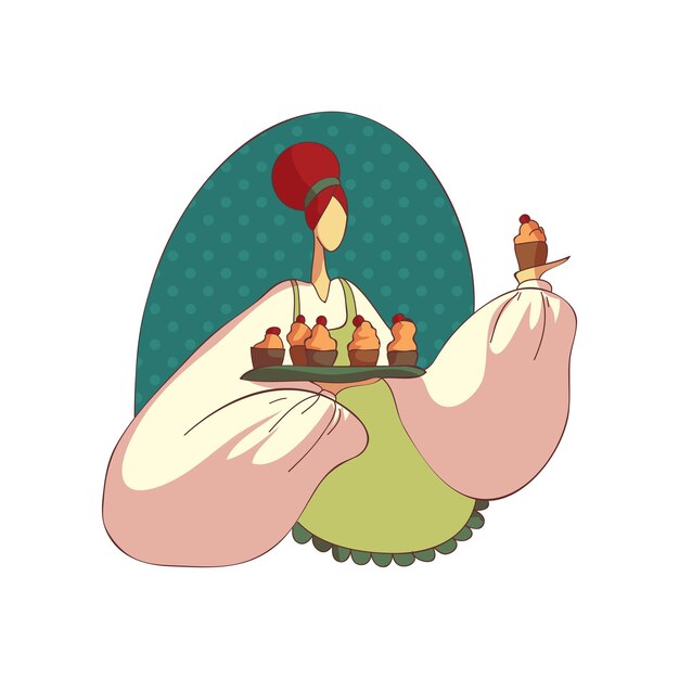 Vektor cartoon-frau in schürze mit cupcakes hausfrau in der küche köchin leckeres und gesundes konzept für hausgemachtes essen flache vektorillustration