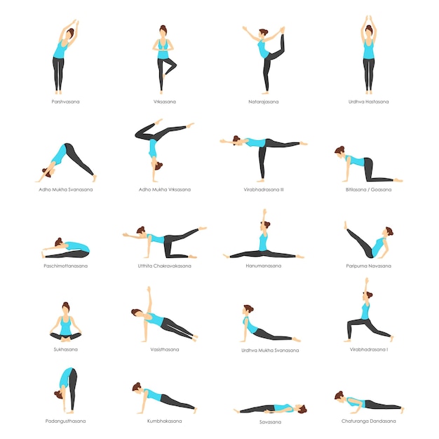 Cartoon-Frau-Yoga-Posen-Symbole setzen Vektor