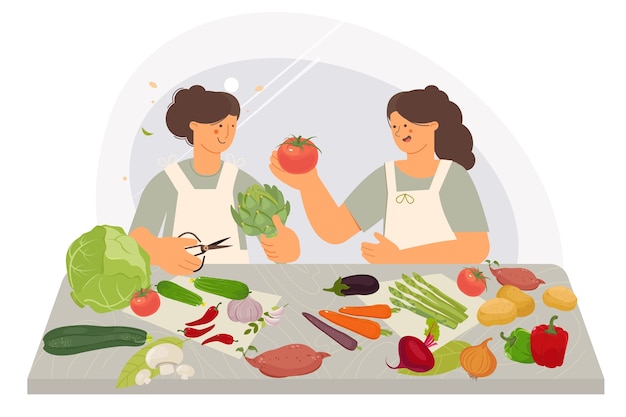 Cartoon-Frauen kochen Gemüse