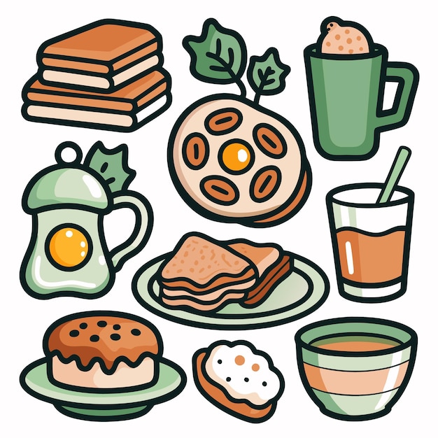 Cartoon-Frühstück mit Toast-Sandwiches, Tee und Saft