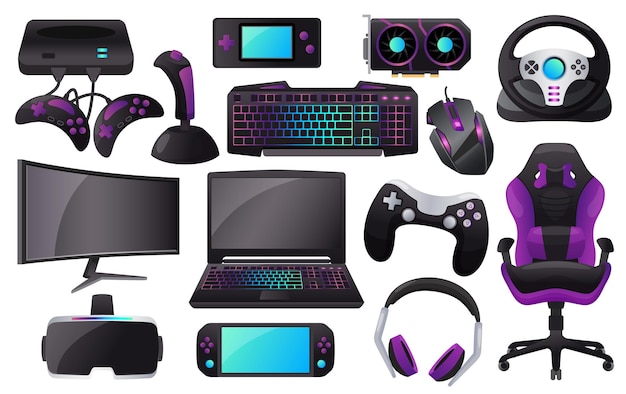 Cartoon-Gaming-Zubehör professionelle Gamer-Ausrüstung und -Ausrüstung Monitor-Kopfhörer-Tastatur vr-Headset-Gaming-Peripherie-Vektorset