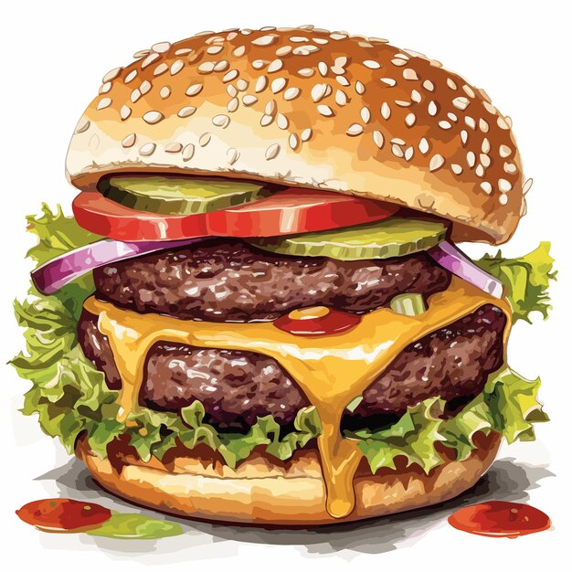 Cartoon gegrillter cheeseburger auf sesambrötchen mit frischen belägen