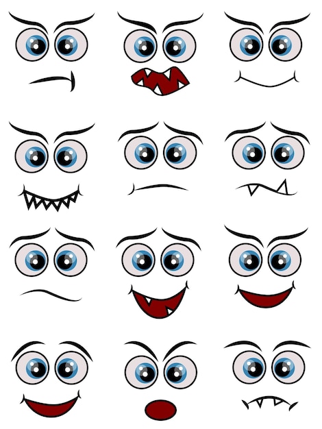 Vektor cartoon-gesichter ausdruckszeilensymbole gesetzt satz von emoticons oder emoji-illustrationszeilensymbolen