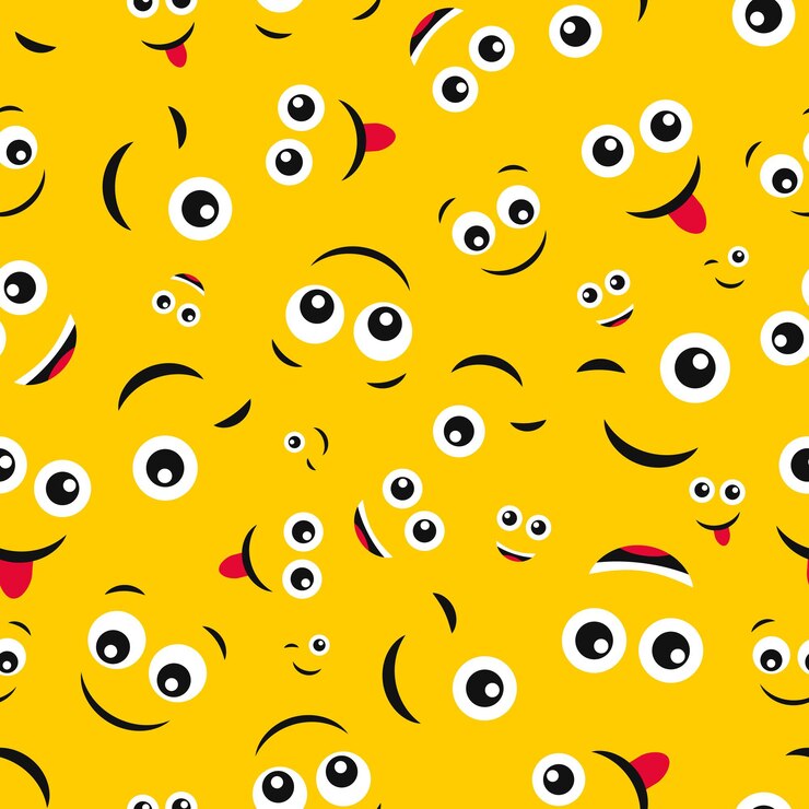 Vektor cartoon-gesichter mit emotionen nahtloses muster mit verschiedenen emoticons auf gelbem hintergrund vektor-illustration