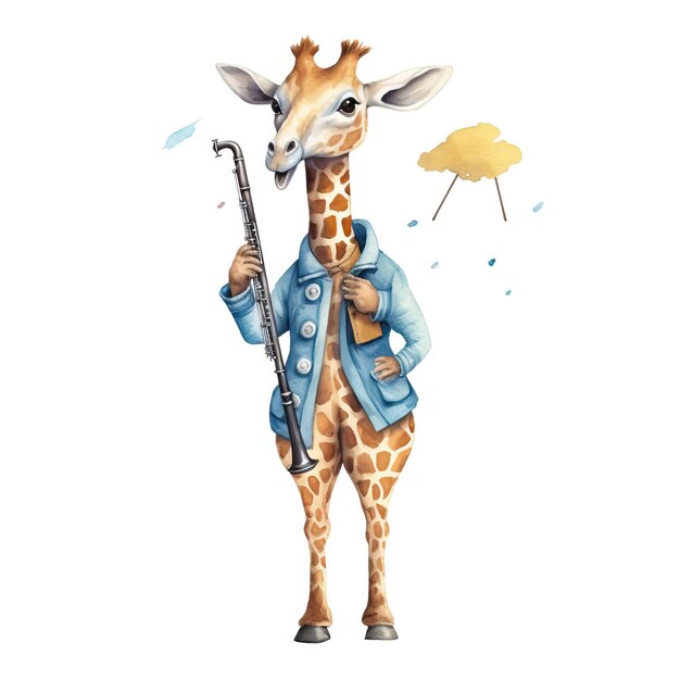 Vektor cartoon-giraffe-kleidung blaue kleidung spielt flöte