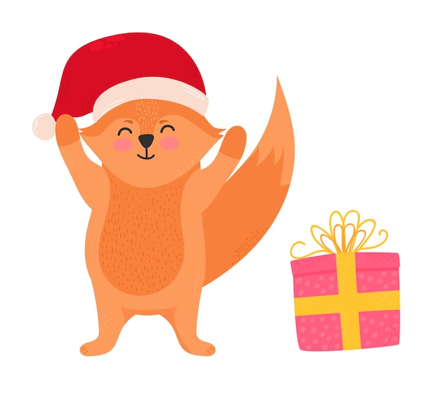 Cartoon glücklich eichhörnchen in santa mütze isoliert auf weißem hintergrund geschenkbox des neuen jahres