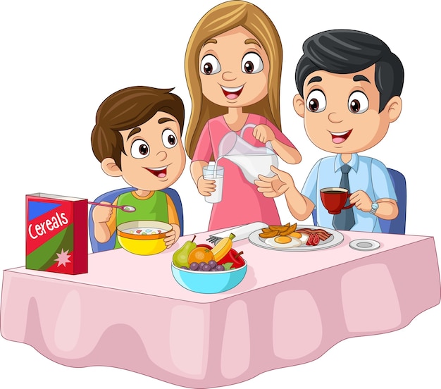 Cartoon glückliche Familie beim Frühstück auf dem Tisch