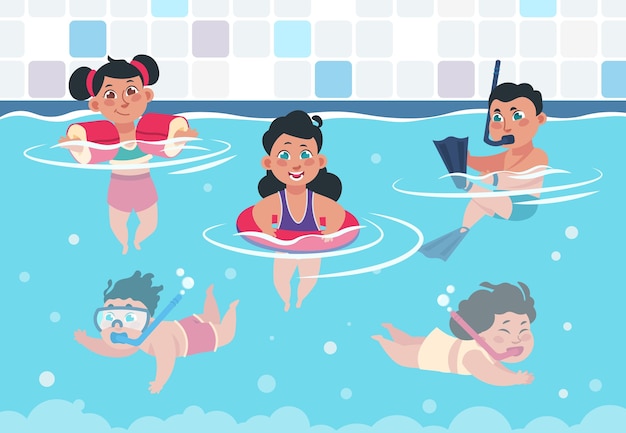 Cartoon glückliche kinder in einem pool