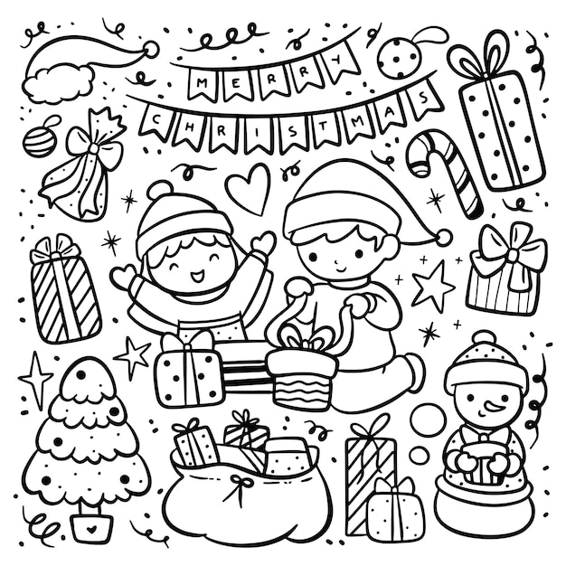 Cartoon glückliche kinder öffnen weihnachtsgeschenk, doodle weihnachtselemente