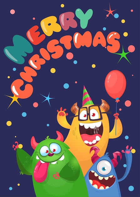 Vektor cartoon-glückliche monster mit verschiedenen gesichtsausdrücken frohe weihnachtsfeier einladungskarte oder poster neujahrsfeiertagsdesign vektorillustration