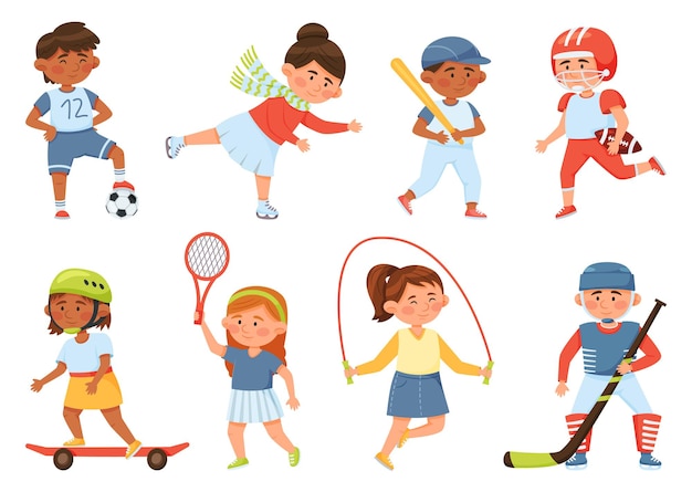 Cartoon glückliche Schulkinder spielen Sport und trainieren Kinderaktivitäten Baseball-Tennis-Vektor-Set