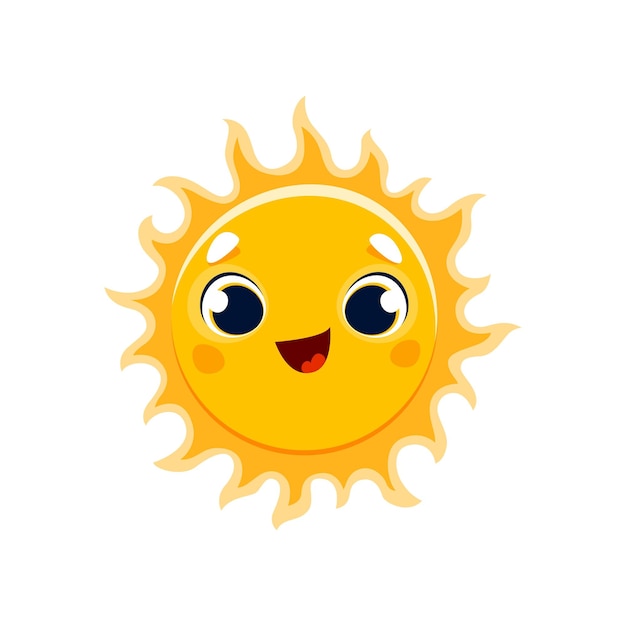 Cartoon glückliche sonne charakter isoliert vektor lustige positive emoticon kawaii lächelnde solarpersönlichkeit mit niedlichem verspieltem gesicht klima- und wettervorhersage sonnenlicht sonnenschein element für kinderdesign