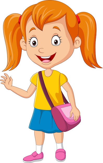 Cartoon glückliches Schulmädchen mit Tasche