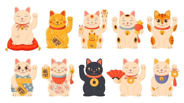 Cartoon Glückskatzen japanische Maneki neko orientalische lustige Katzen Vektorsymbole Illustrationen Set