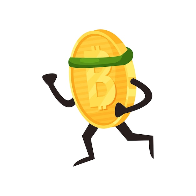 Vektor cartoon goldene münze mit grünem sport-stirnband humanisierter bitcoin-charakter in aktion virtuelles geld- und finanzkonzept flaches vektordesign für mobile app oder website