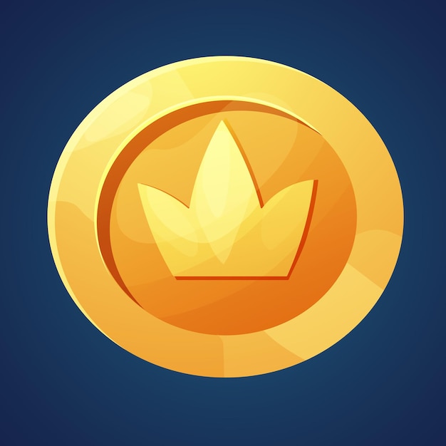 Cartoon goldenes münzspiel mit krone, icon-design glänzend im cartoon-stil isoliert. medaillengeld