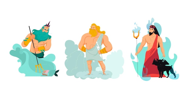 Cartoon griechische götter poseidon zeus und hades isolierte vektorillustration