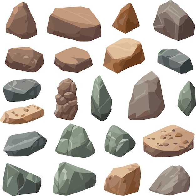 Cartoon großes Set von Felssteinen Isometrische 3D-Flachstil Steine und Felsen Verschiedene Felsbrocken-Set