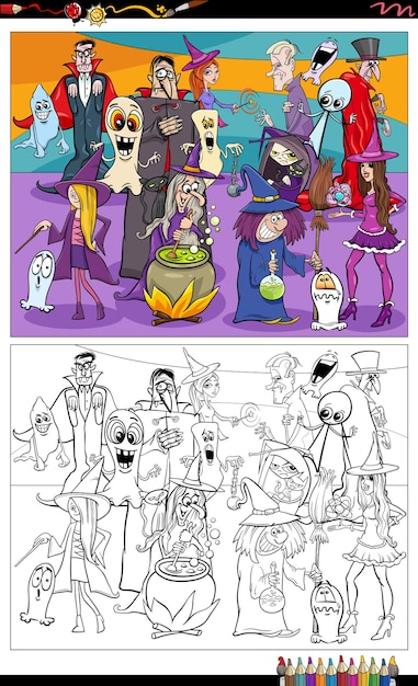 Cartoon halloween oder fantasy charaktere gruppe malbuchseite